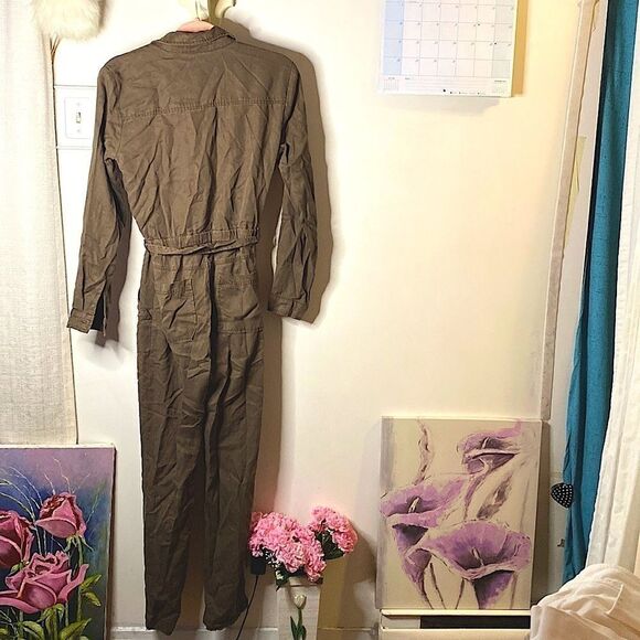 𝅺🌷 Bella Dahl🌷Soft Long Button Up Tie Waist Jumpsuit Romper Khaki Green - Picture 7 of 10